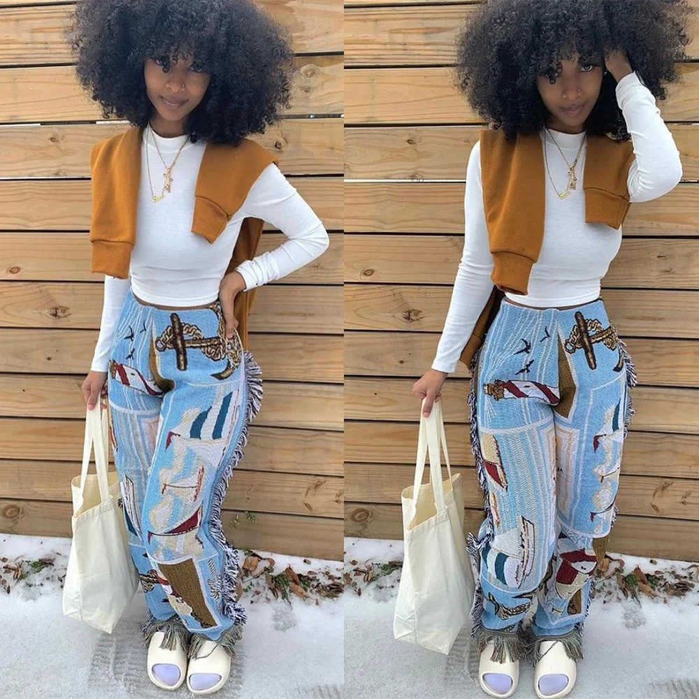Jogger Blanket Printing Fringe Pants 