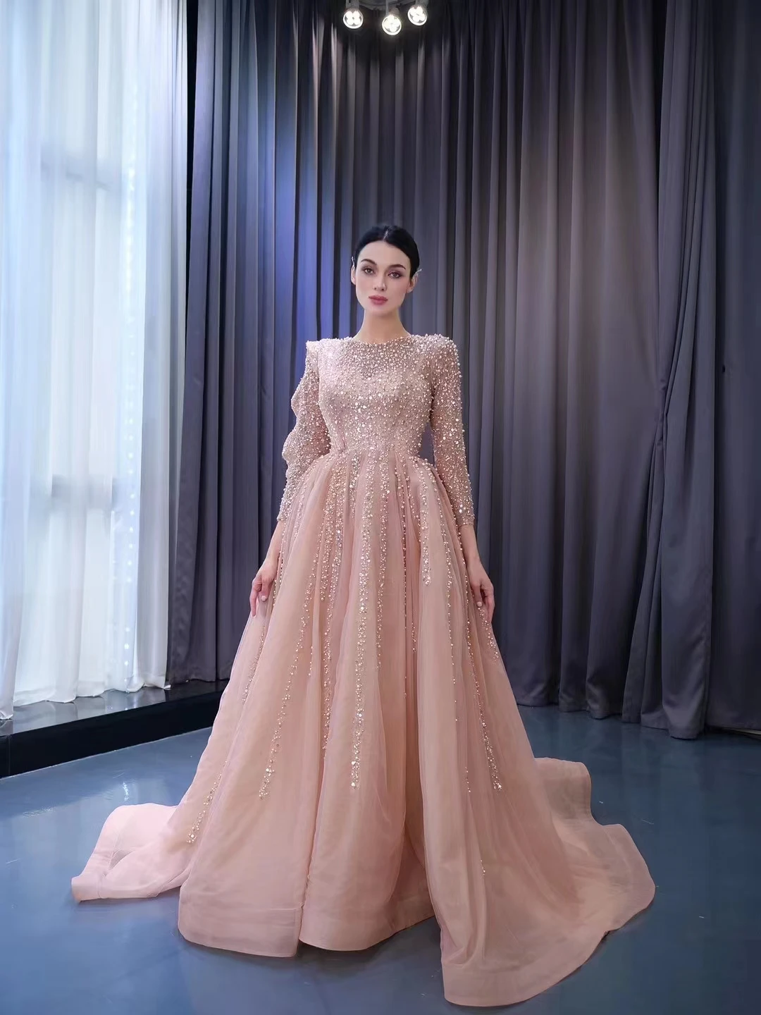 muslim party dresses with long drape sleeves covered Modest A-line Long Sleeves Tulle Prom Dress,Muslim Dress Y6969   Simplepromdress