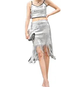 2021 Summer Short Skirt Sexy Club Wear Solid Gold Embroidered Sequin a Line Mini Tassel Skirt