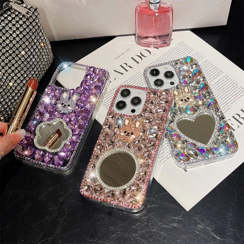 Creative Glitter Diamond Rabbit Flower Shape Mirror TPU PC Mobile