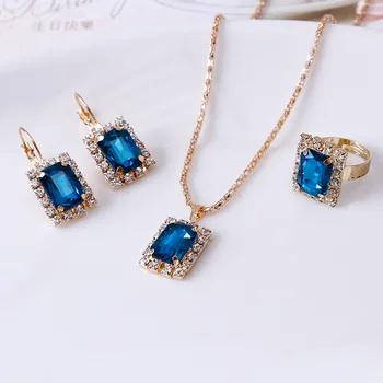 Square Jewellery Set For Women retro Alloy Crystal Rhinestones Gem Earrings Necklace Rings Jewelry Set