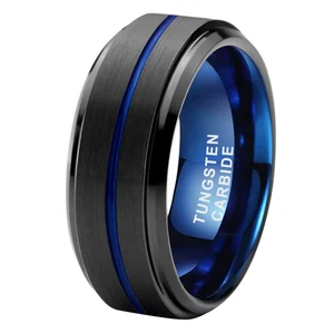 Coolstyle Jewelry 8mm Black Blue Tungsten Ring for Men Women Engagement Band Center Line Stepped Beveled Edges Comfort Fit