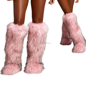 BUSY GIRL RS9253 Pink Custom Women Shoes Knee High Fur Boots Women Snow Boots Warm Imitation Raccoon Fur Boots Y2K Hot Girl