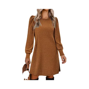 Women's Casual Tunic Knit A-line Midi Dress with Long Sleeve Solid Pattern Neck Washable Natural Front for Fall Winter