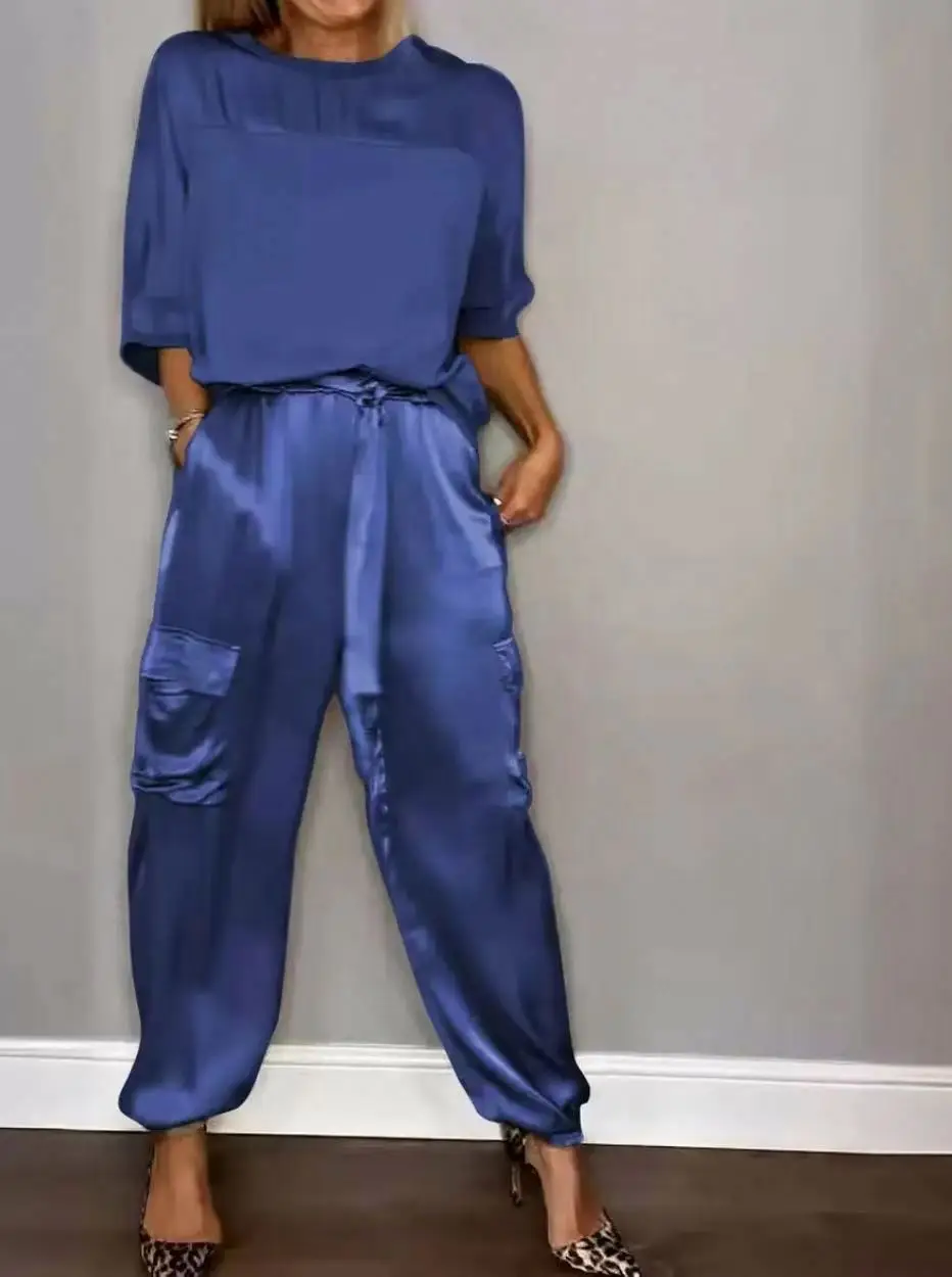2026 New Smooth Satin Half Sleeve Top Suit Two Piece