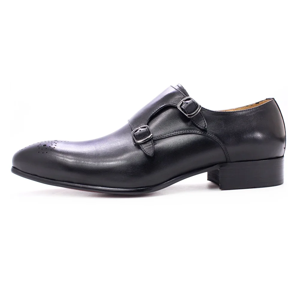 Black Formal Slip On Genuine Leather Double Monk Strap Men Dress Shoes ...