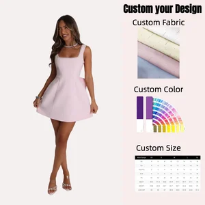Customizable Pink Mini Wedding Guest Dress Square Neck Pearl Accents Detachable Bow Backless Design Structured Woven OEM Product