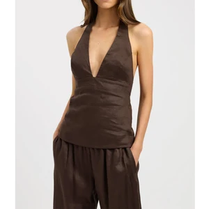 Women's Vintage Summer Casual Pleated Vest Suspender Top Brown Breathable  Halter Neck Ruched Tie Back Top