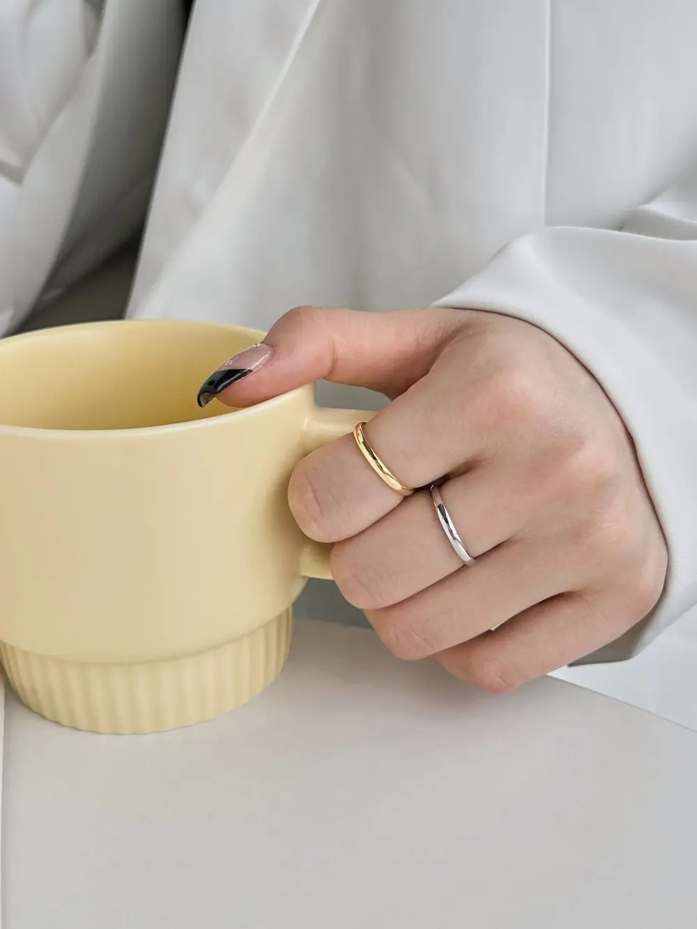 KAKODIY Hypoallergenic Matte Simple 925 Sterling Silver Rhodium 18K Gold Plated Irregular Wave 2 Layer Adjustable Women's Ring detail 4