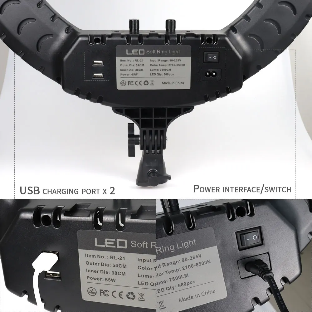 Кольцевой светильник 21 дюйм 54 см Внешний 65 Вт 2700 - 6500K Диммируемый большой светодиодный кольцевой с