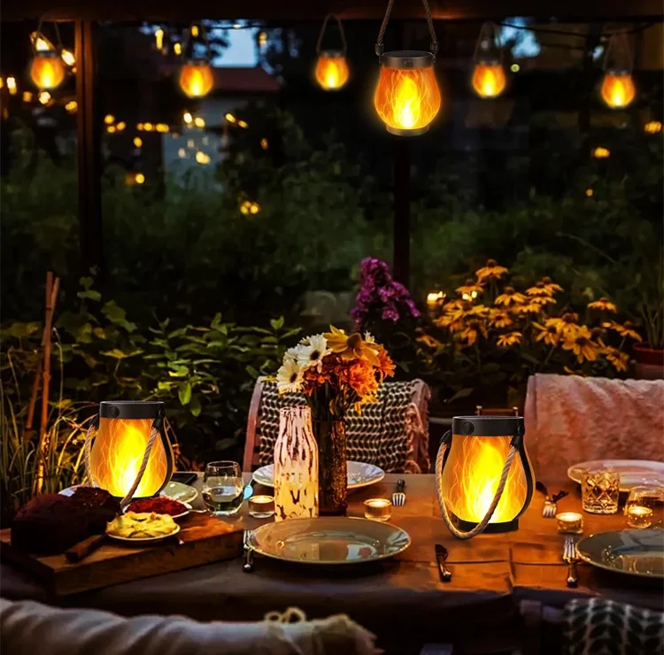 Solar Jute Flame Light USB Rechargeable Outdoor Courtyard Home Decoration Light Multi-Functional Waterproof Hanging Lamp