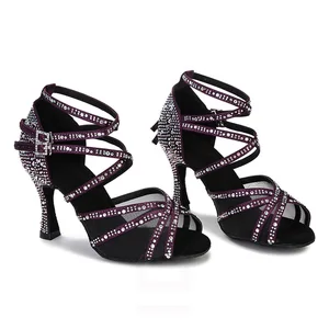 Women Diamond Encrusted Party Latin Dancing Shoes High-Heeled Sandals Soft-Soled Indoor Ballroom Dancing Shoes