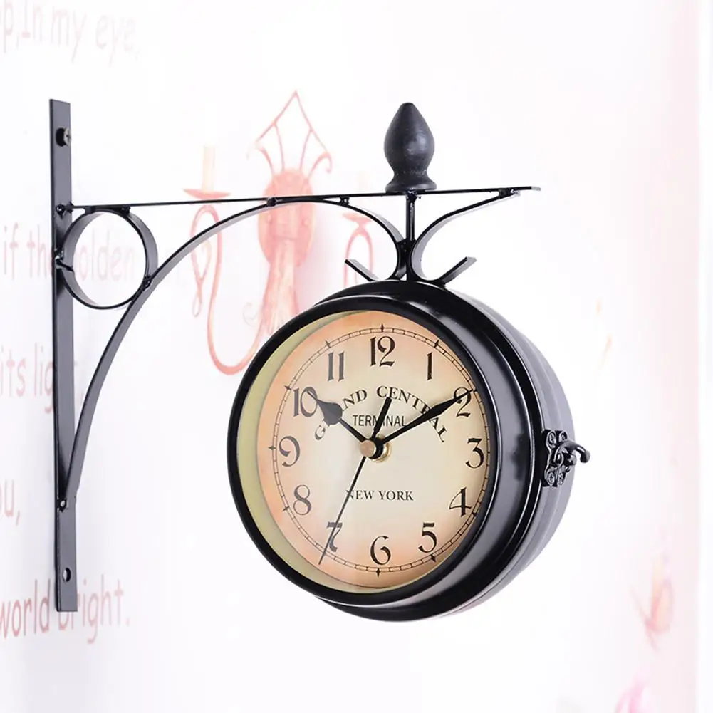 25X9X22CM Indoor Retro Style Decorative Garden Wall Mounted Metal Frame  Clocks Black Double Sided Pendant Clock Dropshipping DDP, image size:1001x1001