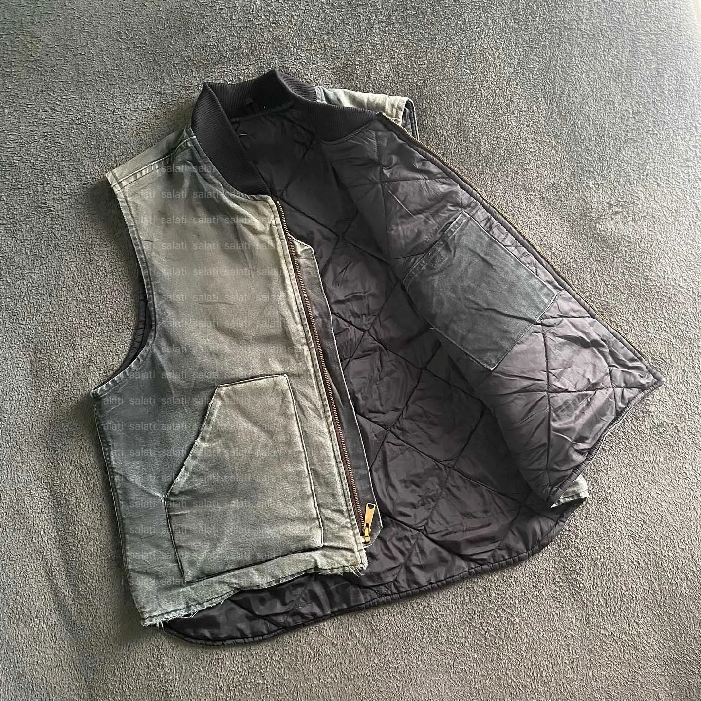 Salati Custom Winter Quilted Lined Acid Wash Vintage Sleeveless Cargo Carpenter Workwear Worker Vest Work Jacket Men gallery 3