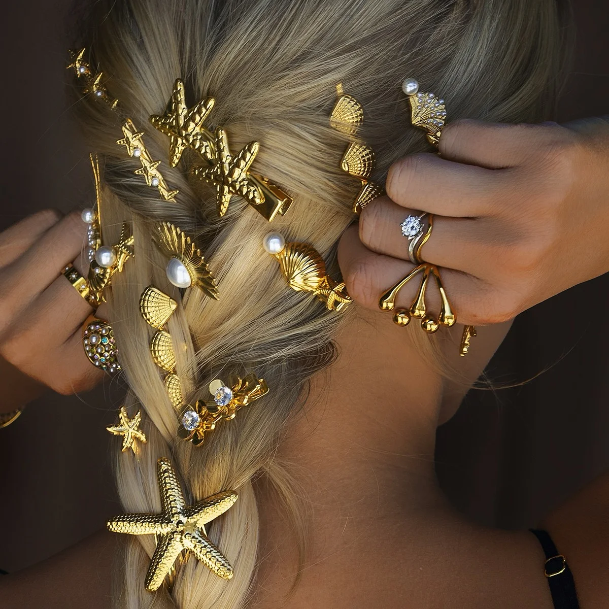 Gold Plated Starfish Seashell Hair Pin Gold Starfish Hair Pins, Beach Hair Pins, Rhinestone Hair  main image 2