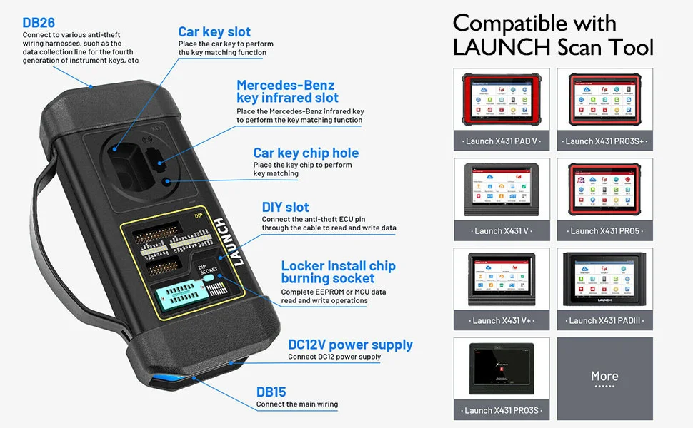 LAUNCH X431 XPROG 3+ Auto Key Programmer OBD 2 Scanner and Code Reader Diagnostic Tools at 12V Voltage