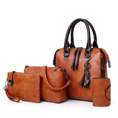 PU Leather Vintage 4 in 1 Set Women Tote Bags Purses Cross Body Handbags with Tassel Doll H, Wholesale & OEM/ODM Welcome