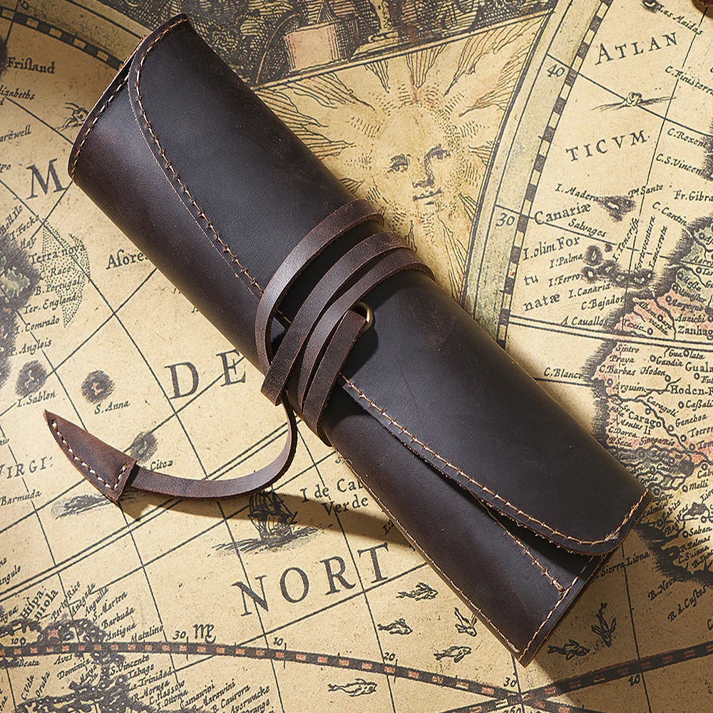 Innovative Top Layer Leather Roll Type Binding Straps Recycled Pouch Pocket Bag Fountain Pen Organizer for Pencils Stationery
