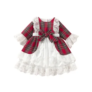 Hot Selling Winter Infant Girls Dresses Christmas Red Plaid Splicing Dresses Cute Baby Lace Princess Dresses