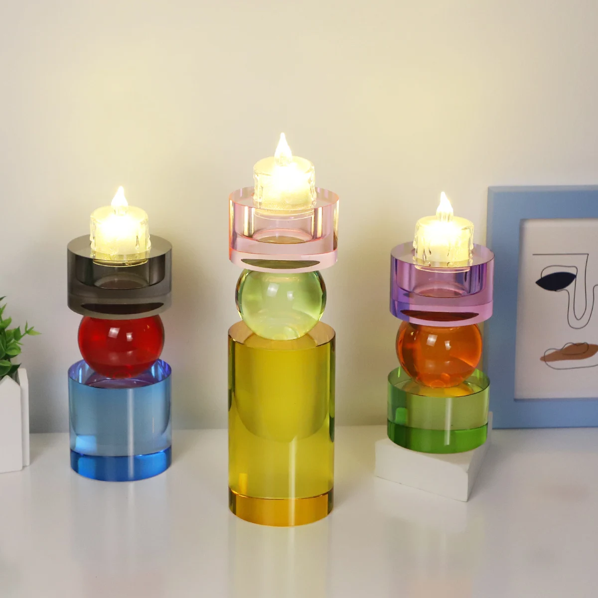 Crystal Made Glass Pillar Tealight Candle Holders Cylinder Candlesticks Holders Colorful Design for Dining Party