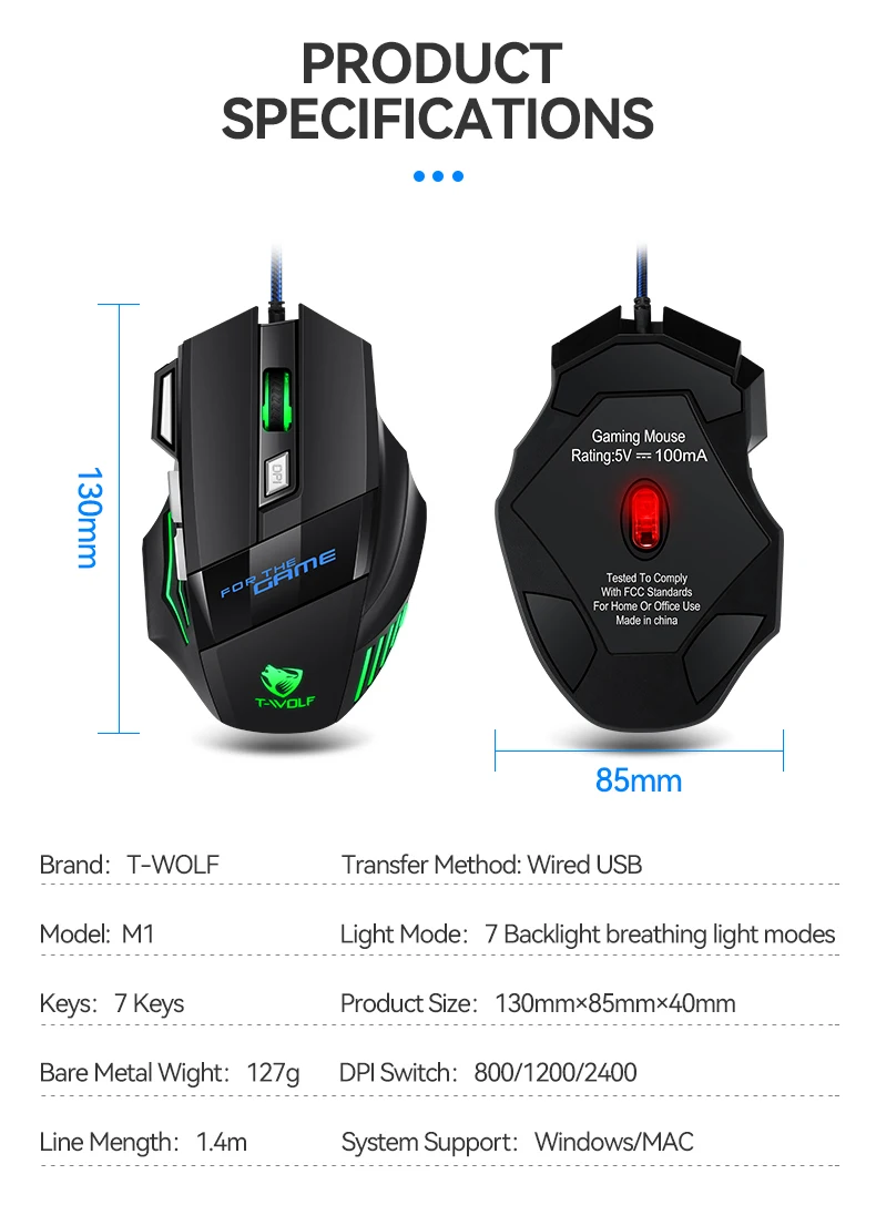 T-WOLF M1 High Performance Wired Gaming Mouse RGB LED Backlit Mouse 3600 DPI 7D Game Ergonomic  Mice for Souris Gamer Laptop
