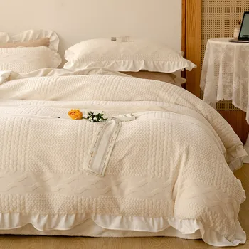 Autumn Winter Comforter Set Modern Thick Milk Velvet Four-Piece Geometric Small Fresh Lotus Leaf Lace Warm Coral Velvet Woven