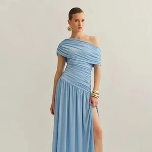 Bettergirl Luxury Ramadan Fashion 2026 Spring Pleated Knitted Blue Long Dress One Shoulder Tight Slit Elegant Holiday Dress