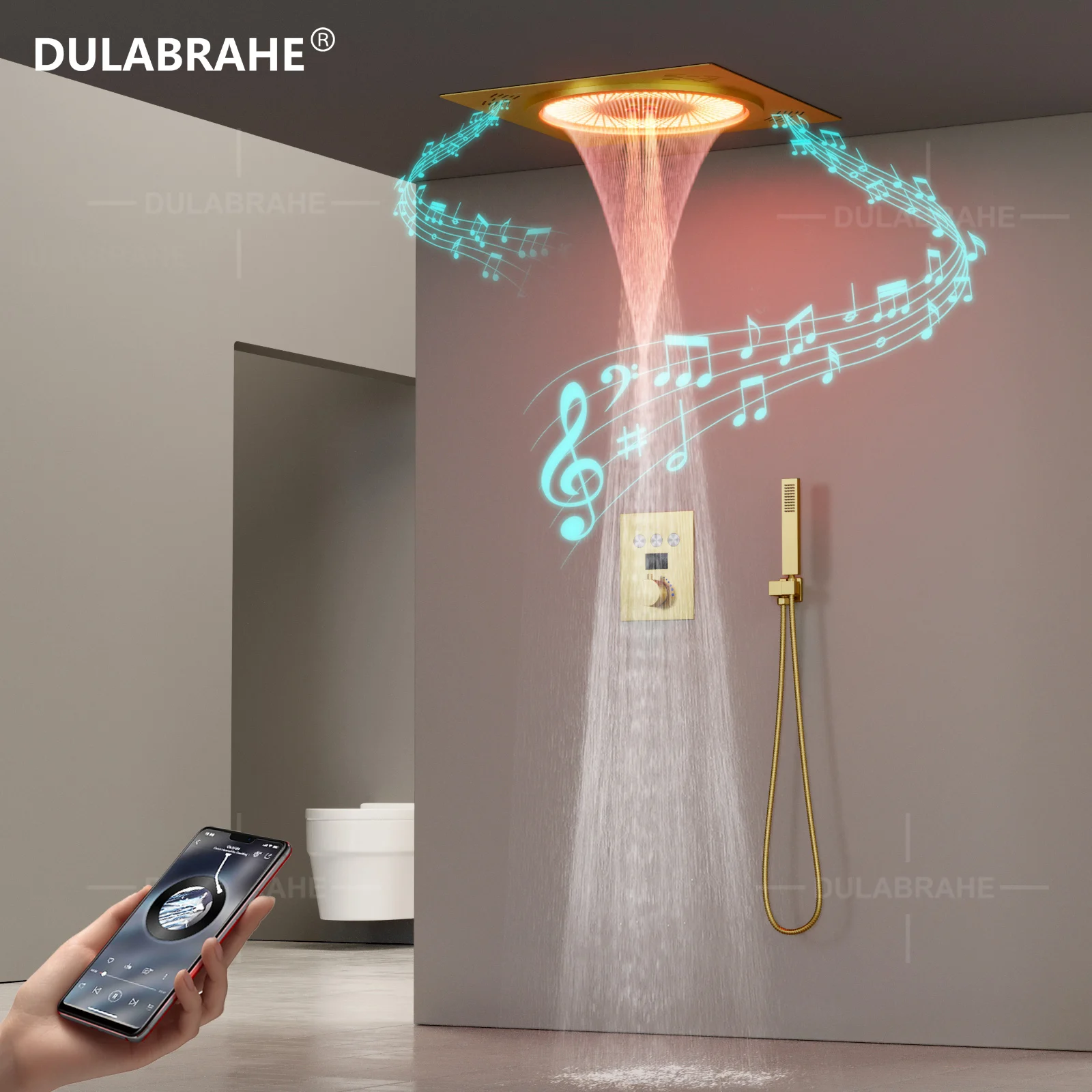 DULABRAHE Thermostatic Ceiling LED Rain Shower System Set Bathroom Brushed Gold 20 Inch Rainfall Shower Head With Music Sky City