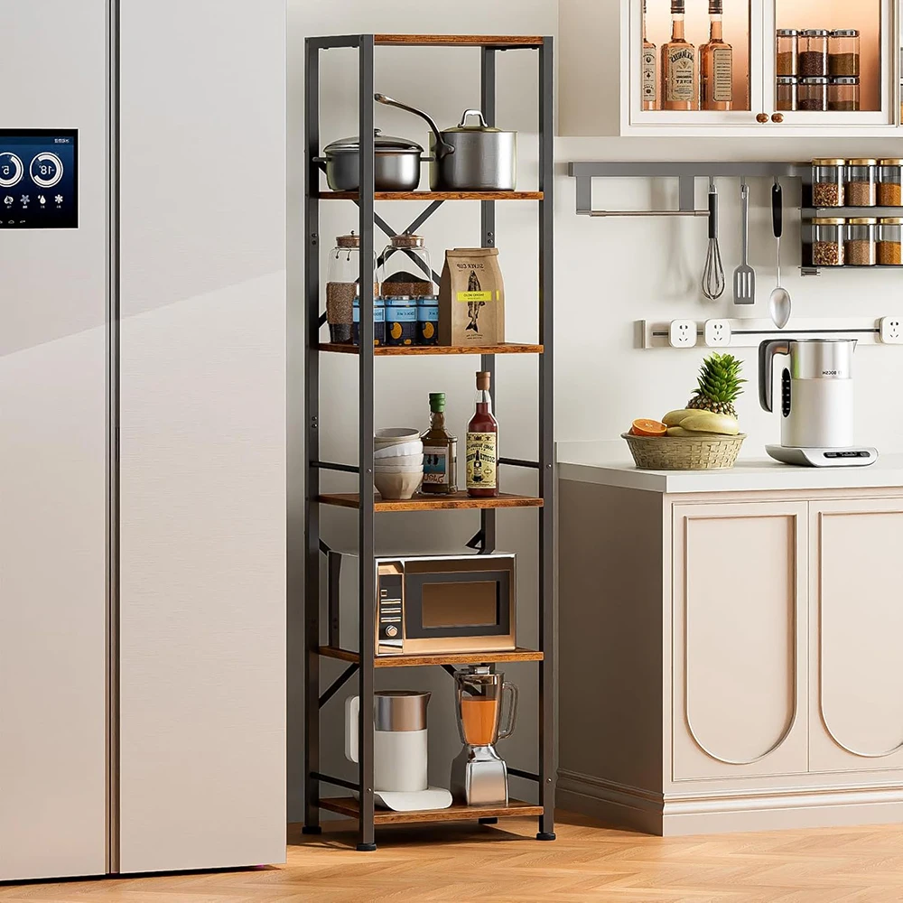 product 6 tier modern tall narrow bookshelf wood metal storage rack back organizer for living room home office entryway kitchen rustic-3