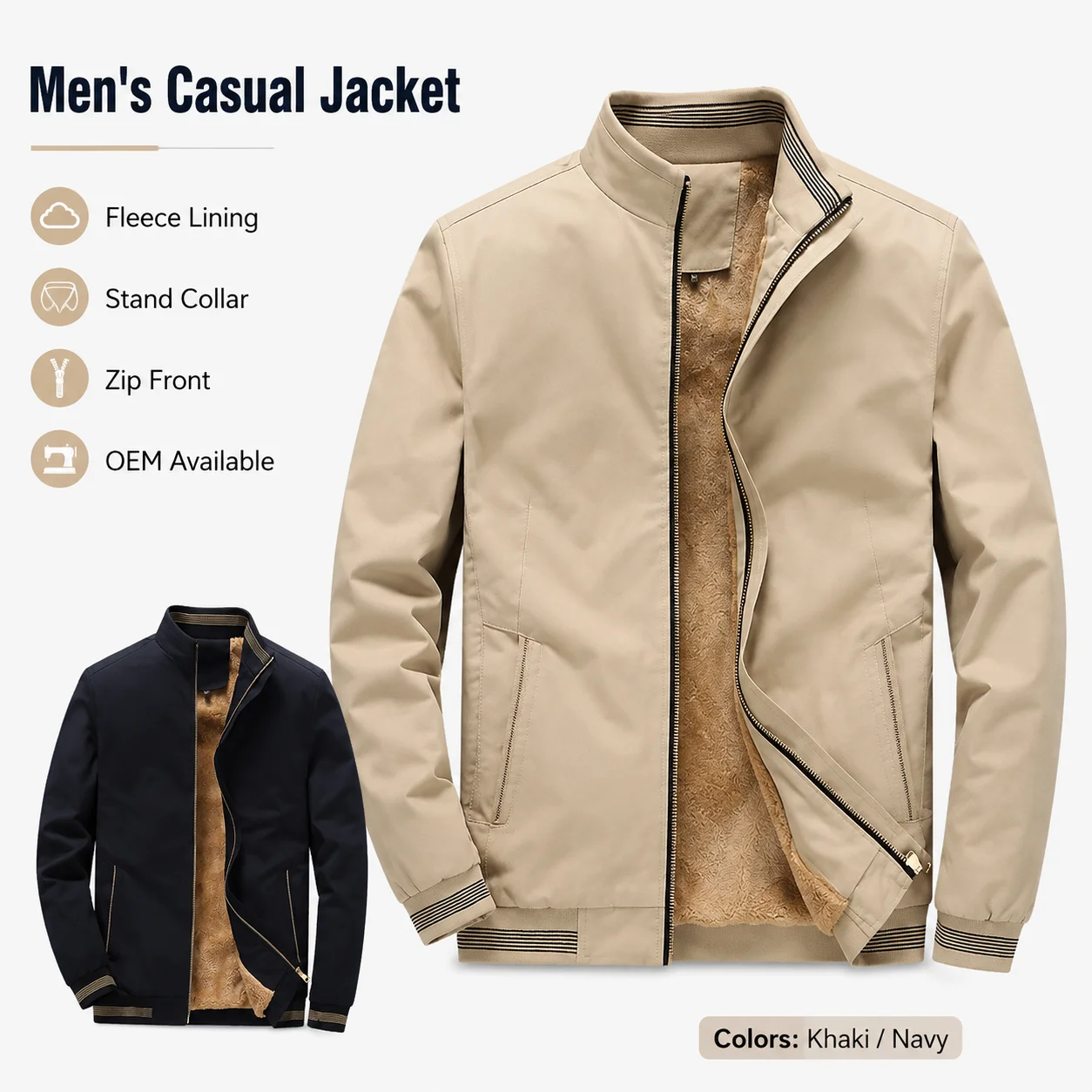 New Men's Casual Fleece-Lined Youth Stand Collar Zipper Washed Bomber Jacket for Men