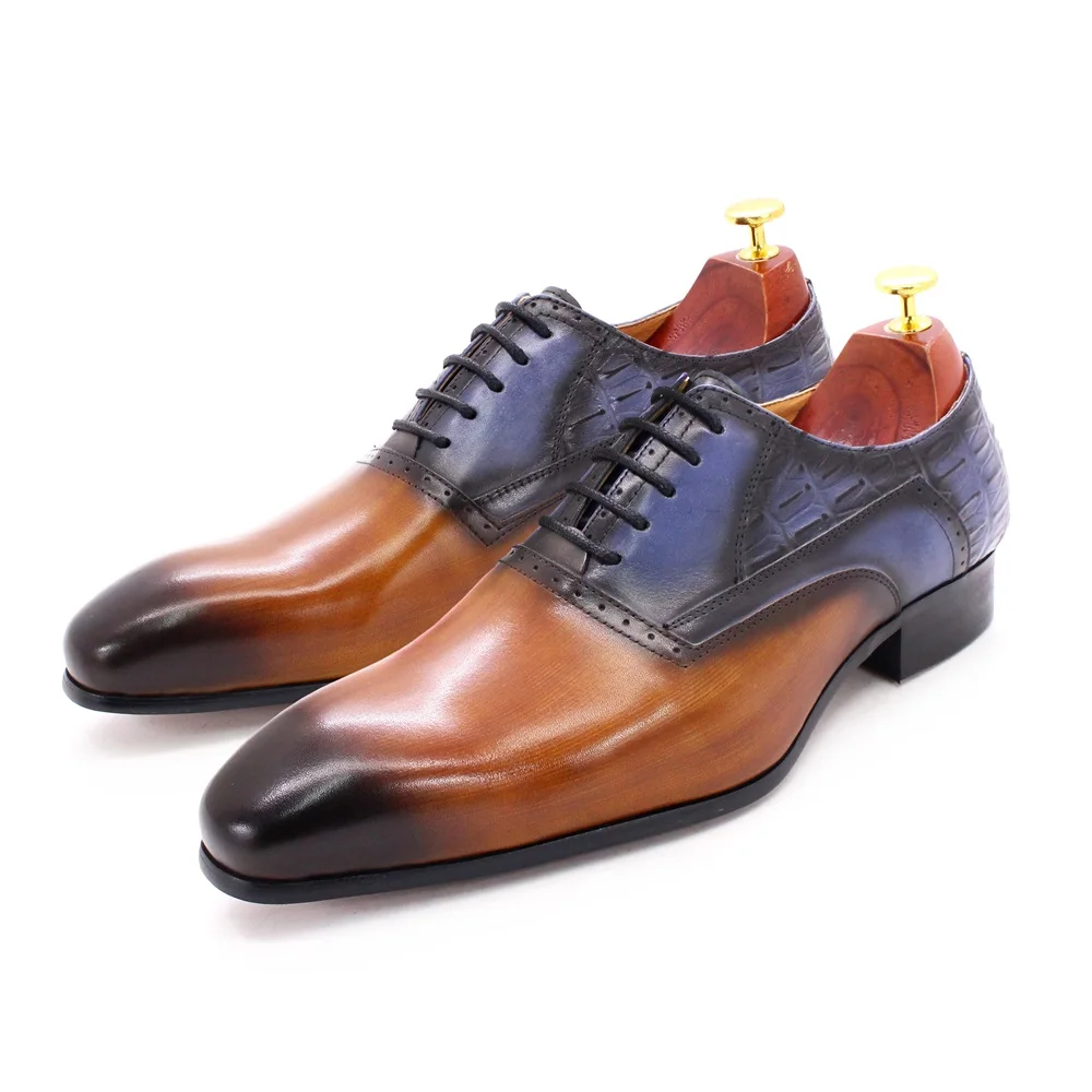 Classic Italian Style Blue-brown Pointed-toe Oxford Shoes Leather Lace-up  Wedding Banquet Men's Dating Office Dress Shoes