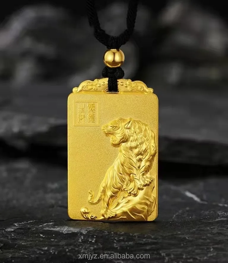 Copper and Gold Plated Square Plate Chinese Zodiac Pendant Black Rope Necklace Tiger Pendant Domineering Man Gift