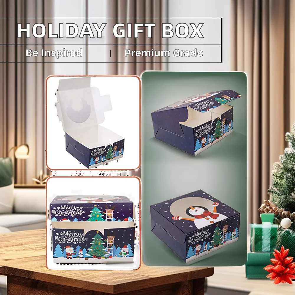 Caja de regalo navideña personalizada de papel kraft con ventana, para caramelos, galletas, productos de repostería, copos de nieve, nueces y otros dulces; con barnizado y asa, apta para uso festivo