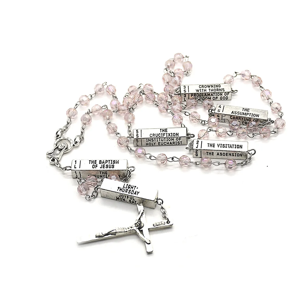 Pink and Blue Catholic Necklace Crystal Rosary Holy Cross Prayer Beads CLASSIC Unisex Wedding Beads Ser Necklace Zulu Beads