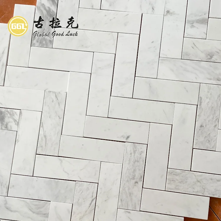 Volakas White Marble Herringbone Marble Mosaic For Bathroom Floor Tiles supplier