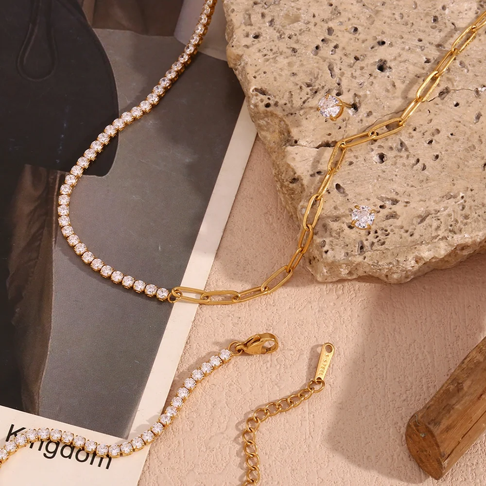 Dreamshow Shining Zircon Jewelry Paper Clip Chain Chain Necklace 18k Gold Plated Stainless Steel Jewelry Set