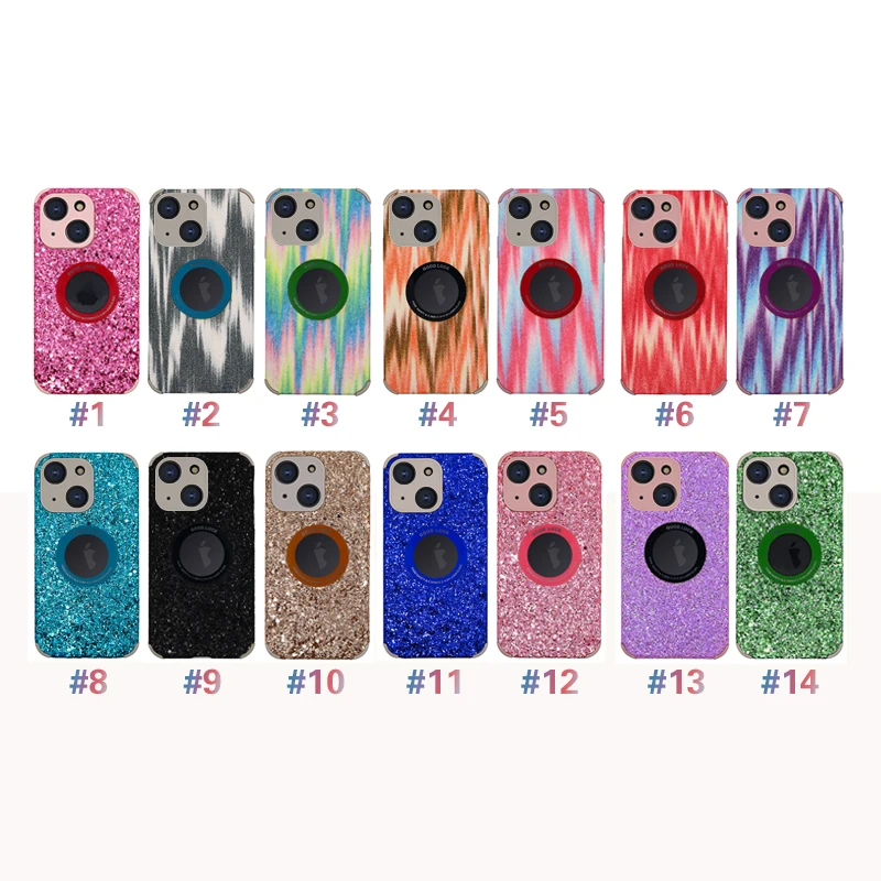 Wholesale New Design Logo display hole Flash powder Leather Mobile Phone Case Accessories Back Cover For iphone 13