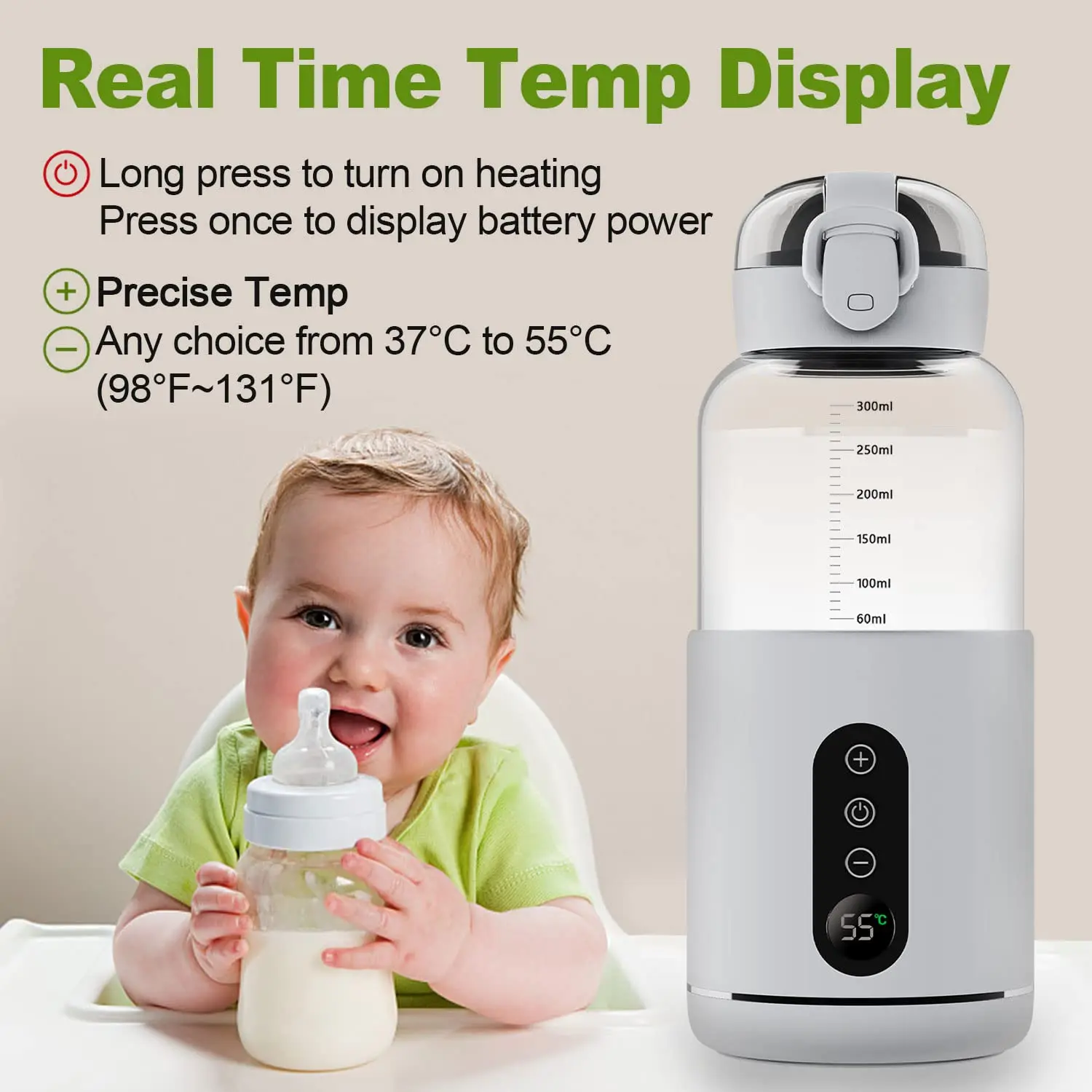 Portable Water Warmer for Baby Formula 300ml Precise Temperature