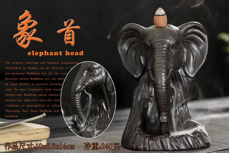 Ywbeyond Home Decor Ceramic Censer Waterfall Elephant Head Backflow Incense Burner Cone Incense Holder