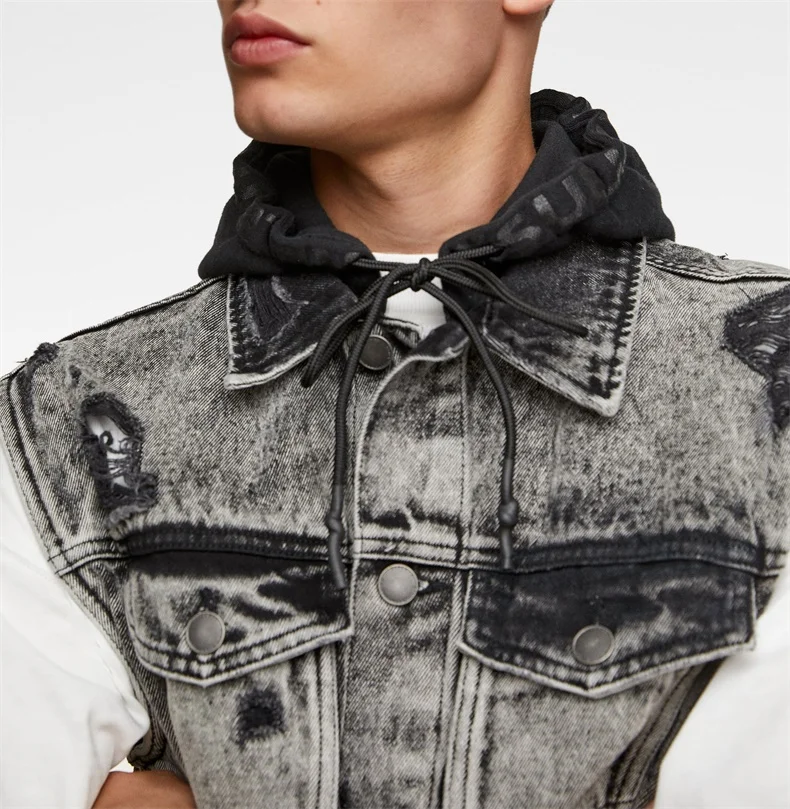 Mens ripped sleeveless jean hoodies denim vest jacket with hood Alibaba