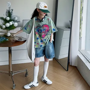 2026 Green Print Casual Shirt and Denim Shorts Outfit Set for Teenage Girls Clothes for Kids