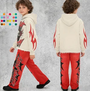 Wholesale Custom Vintage Kids Streetwear Track Suit Print Acid Wash Sweatsuit Embroidered Hoodie Flared Sweatpants Jogging Set