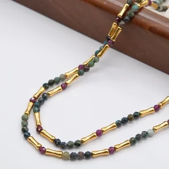 24k Gold Plated Brass Phoenix Stone Gold Bamboo Long Necklace Flat Grain Green Marble Beads Jewelry for Women Wholesale