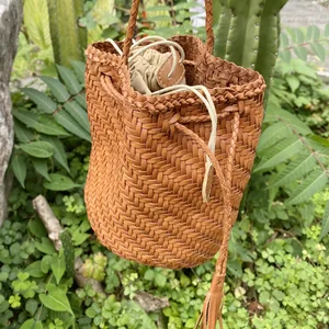 A-398 Retro Style Women's Genuine Cowhide Leather Small Bucket Bag Woven Handbag with Open Vegetable Package Fashion