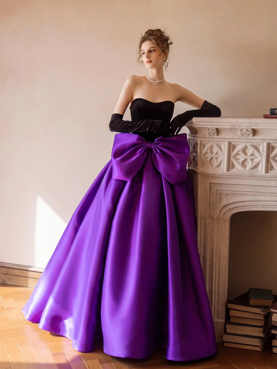 Black Velvet & Pink Satin A-line Prom Gown For Women
