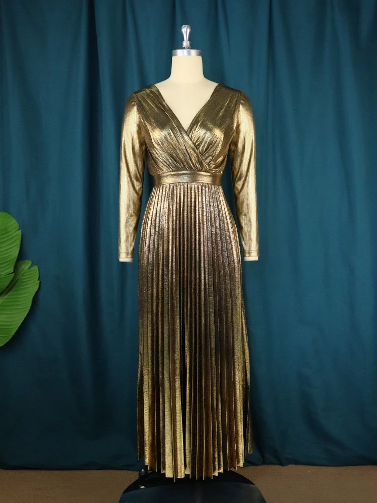 High Waist Shiny Elegant Gold Glitter Plus Size Women Dresses Pleated High Waist Shiny Elegant Gold Glitter Plus Size Women Dresses Pleated