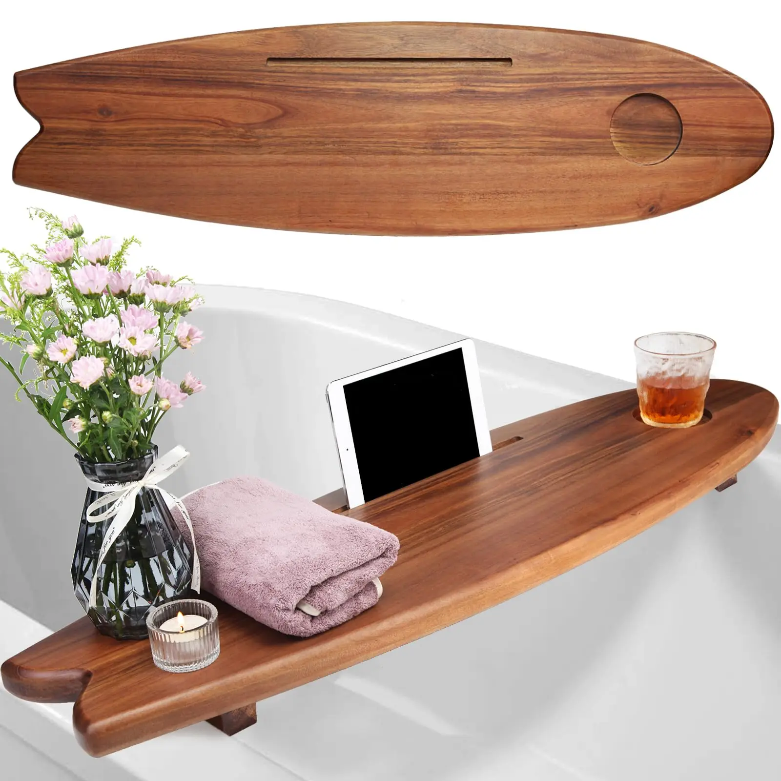 Simplified Style Acacia Wood Bath Tub Tray Bathtub Caddy Tray Spa-Like Surfboard Shaped Rack Bathroom Set for New Families