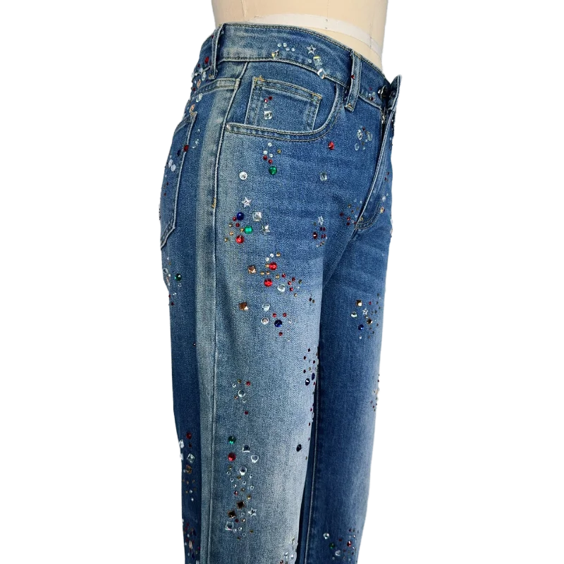 Factory Custom Designed Shining  Beading Jeans Women's High-Waist Flare Legs Long Pants Women's Casual Denim Jeans
