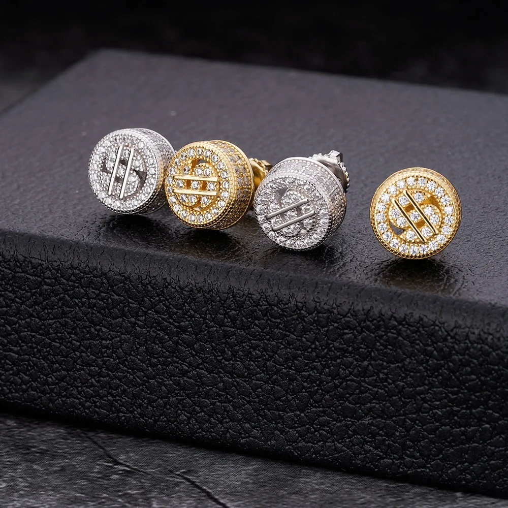 Fashionable 14K Gold Silver 925 Small Men Gold Plated Round Zircon Dollar  Sign Stud Earrings