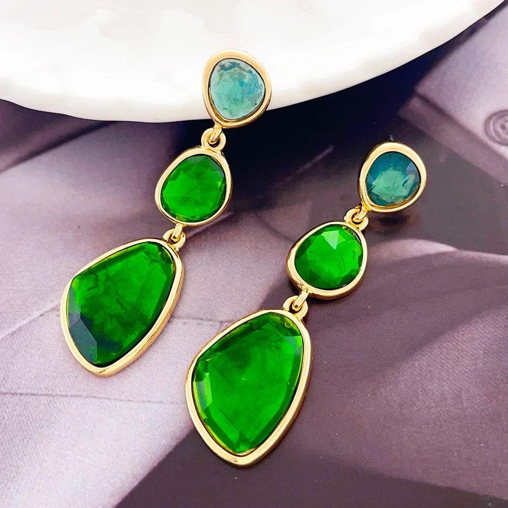 product female charm personalized fashionable jewelry   green geometric shape crystal pendant gold plated earrings-6